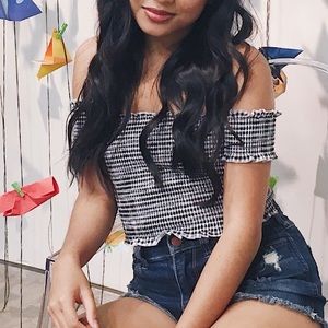 Gingham off the shoulder smocked crop top